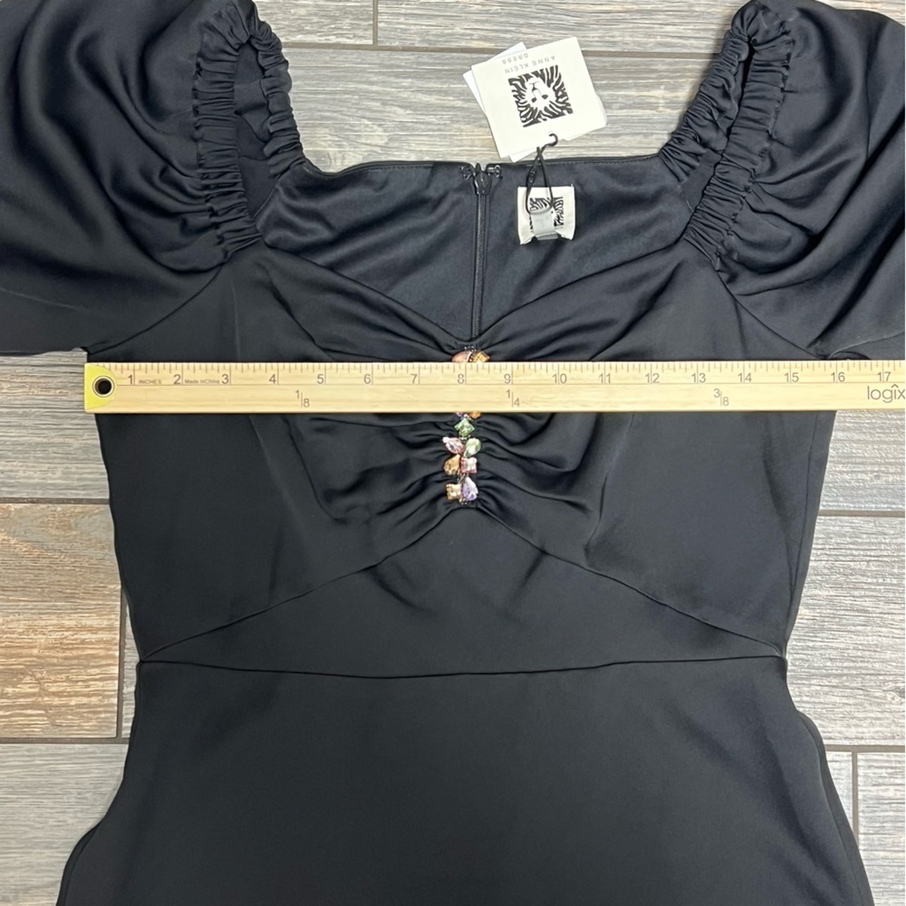 NWT $139 Anne Klein Women's Dress Sz 2 Rhinestone Puff-Sleeve Midi Satin Holiday - Picture 4 of 12